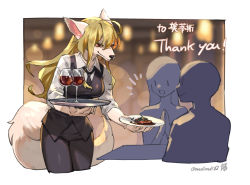Rule 34 | 1boy, 2girls, animal ears, animal head, black necktie, black pants, black vest, blonde hair, closed mouth, commission, cup, drinking glass, furry, furry female, highres, holding, holding plate, holding tray, long hair, long sleeves, mullmull02, multiple girls, necktie, original, pants, plate, red eyes, shirt, skeb commission, smile, solo focus, standing, tail, tray, twitter username, vest, waitress, white shirt, wolf ears, wolf girl, wolf tail