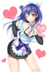 Rule 34 | 10s, 1girl, blue hair, breasts, cleavage, heart, jewelry, long hair, looking at viewer, love live!, love live! school idol project, maid, mogyutto &quot;love&quot; de sekkin chuu!, no shoes, one eye closed, solo, sonoda umi, tsukimi kirara, wink, yellow eyes