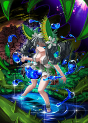 Rule 34 | 1girl, absurdres, alternate breast size, anklet, barefoot, black hair, blue eyes, breasts, cleavage, duel monster, feet, flower, flower on head, furumeta, hair ornament, highres, jewelry, large breasts, monster girl, nail, partially submerged, plant, plant girl, shiny skin, skull, traptrix dionaea, venus flytrap, water drop, yu-gi-oh!, yu-gi-oh! duel monsters