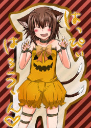 Rule 34 | 1girl, animal ears, brown hair, cat ears, cat girl, cat tail, chen, earrings, female focus, halloween, happy halloween, highres, jack-o&#039;-lantern, jewelry, monrooru, multiple tails, short hair, solo, tail, thigh strap, touhou
