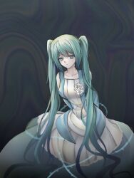 Rule 34 | 1girl, aqua eyes, aqua hair, arms behind back, bare shoulders, blue dress, closed mouth, clothing cutout, collarbone, commentary, dark background, dress, dress flower, evillious nendaiki, expressionless, flower, half-closed eyes, hatsune miku, highres, long hair, looking at viewer, margarita blankenheim, messy hair, nemurase hime kara no okurimono (vocaloid), pale skin, rose, shoulder cutout, solo, symbol-only commentary, thorns, twintails, vampear, very long hair, vocaloid, white flower, white rose