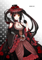 Rule 34 | 1girl, artist name, asymmetrical hair, black dress, black gloves, black hair, black hat, black ribbon, breasts, choker, cleavage, closed eyes, clothing cutout, collar, collarbone, cup, date a live, dress, floating hair, flower, frilled sleeves, frills, gloves, gothic lolita, half gloves, hat, hat flower, heterochromia, highres, holding, holding cup, holding plate, lolita fashion, long dress, long hair, long sleeves, looking at viewer, madara sai, medium breasts, parted lips, plate, red eyes, red flower, red rose, ribbon, rose, shoulder cutout, smile, solo, standing, tokisaki kurumi, twintails, very long hair, white background, wide sleeves, yellow eyes