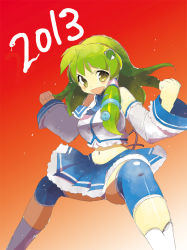 Rule 34 | 10s, 1girl, 2013, adapted costume, bare shoulders, breasts, clenched hands, dei shirou, detached sleeves, female focus, frog hair ornament, green hair, hair ornament, hair tubes, kochiya sanae, long hair, navel, open mouth, red background, sidelocks, sketch, skirt, smile, snake hair ornament, solo, touhou, yellow eyes