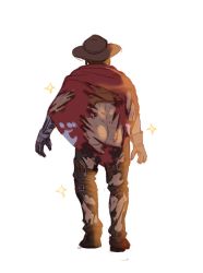 Rule 34 | artist request, ass, body armor, boots, brown hair, burnt clothes, cape, cassidy (overwatch), cowboy hat, from behind, gloves, hat, male focus, mechanical arms, overwatch, overwatch 1, short sleeves, simple background, single glove, single mechanical arm, solo, star (symbol), walking away