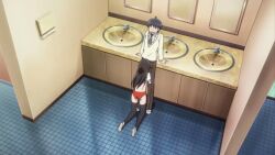 1boy 1girl amano_inori animated anime_screenshot arm_support bad_tag black_hair buruma clothed_female_clothed_male fellatio gym_uniform kneeling leggings long_hair mirror mou_hasamazu_ni_wa_irarenai necktie oral pashmina public_blowjob public_indecency public_restroom red_buruma restroom school_restroom school_uniform sink teenager_on_teenager tile_floor tiles