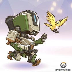 Rule 34 | artist request, bastion (overwatch), bird, chibi, copyright name, ganymede (overwatch), looking back, lowres, no humans, non-humanoid robot, official art, overwatch, overwatch 1, robot, running, solo