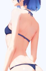 Rule 34 | 1girl, a-chan (hololive), back, bikini, blue bikini, blue hair, blue ribbon, breasts, closed mouth, cohi27151463, commentary, cowboy shot, from behind, from side, glasses, grey background, hair ribbon, head out of frame, highres, hololive, median furrow, ribbon, short hair, simple background, skindentation, small breasts, solo, standing, swimsuit, symbol-only commentary, virtual youtuber