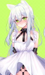 Rule 34 | 1girl, :t, absurdres, animal ear fluff, animal ears, arknights, arms behind back, bdsm, blush, bondage, bound, bound arms, buckle, cat ears, cat girl, cat tail, closed mouth, collar, dress, green background, green eyes, grey hair, harness, highres, long hair, looking at viewer, miruku pan, navel, pout, rosmontis (arknights), simple background, slave, sleeveless, sleeveless dress, solo, tail, upskirt, white dress
