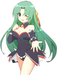 Rule 34 | 1girl, ;d, angel mort, bare shoulders, black dress, black sleeves, blush, breasts, cleavage, clenched hand, commentary request, covered navel, cowboy shot, curvy, detached collar, detached sleeves, dress, eyes visible through hair, green hair, grey background, hair ribbon, highres, higurashi no naku koro ni, large breasts, long hair, long sleeves, looking at viewer, maid, one eye closed, open hand, open mouth, parted bangs, reaching, reaching towards viewer, ribbon, short dress, sidelocks, simple background, smile, solo, sonozaki shion, standing, strapless, strapless dress, suzuragi karin, thighs, very long hair, yellow ribbon