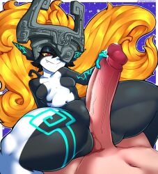 Rule 34 | 1boy, 1girl, absurdres, blonde hair, border, breasts, closed mouth, colored sclera, colored skin, erection, fang, half-closed eyes, helmet, hetero, highres, huge penis, long hair, midna, multicolored skin, navel, nintendo, one eye covered, penis, pointy ears, purple background, pussy, red eyes, small breasts, smile, smug, spread legs, star (symbol), starry background, the legend of zelda, the legend of zelda: twilight princess, thick thighs, thighs, tippydoodles, two-tone skin, uncensored, white border, yellow sclera