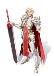 Rule 34 | 1boy, armor, armored boots, belt, blonde hair, blue eyes, boots, breastplate, cape, chainmail, commentary request, cross, full body, gauntlets, greatsword, hair between eyes, highres, holding, holding sword, holding weapon, ike masato, leg armor, looking at viewer, male focus, open mouth, ragnarok online, red cape, rune knight (ragnarok online), shadow, short hair, simple background, solo, spiked pauldrons, standing, sword, tabard, teeth, torn cape, torn clothes, upper teeth only, waving, weapon, white background