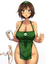 Rule 34 | 2girls, :o, absurdres, apron, blonde hair, blush, breasts, brown hair, cafe, challengia, cleavage, coffee, coffee cup, collarbone, covered erect nipples, covered navel, crotch, cup, dark-skinned female, dark skin, disposable cup, embarrassed, closed eyes, green apron, green eyes, highres, holding, holding cup, honchan, iced latte with breast milk (meme), lactation, lactation through clothes, large breasts, legs together, long hair, meme, meme attire, mistynight, mole, mole under mouth, multiple girls, naked apron, nchans, nchans style, nude, open mouth, short hair, sideboob, simple background, stachan, starbucks, surprised, sweat, sweatdrop, white background