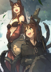 Rule 34 | 2girls, animal ear fluff, animal ears, animal hands, black gloves, breasts, brown hair, capelet, cleavage, detached sleeves, fantasy, gloves, green eyes, hide (hideout), highres, leaf, long hair, looking at another, looking at viewer, medium breasts, multiple girls, one eye closed, open mouth, original, revealing clothes, sitting, staff, standing, wind