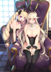 Rule 34 | 2girls, alternate breast size, alternate costume, animal ears, armchair, bare shoulders, bent over, black leotard, black thighhighs, blonde hair, bow, bowtie, breasts, brooch, chair, cleavage, corrin (female) (fire emblem), corrin (fire emblem), detached collar, drill hair, elise (fire emblem), fake animal ears, fake tail, fire emblem, fire emblem fates, hair bow, hair over one eye, high heels, highres, jewelry, kashiwamochi yomogi, large breasts, leotard, long hair, multicolored hair, multiple girls, nintendo, pantyhose, playboy bunny, pointy ears, purple eyes, purple hair, rabbit ears, rabbit tail, red eyes, sitting, smile, standing, strapless, strapless leotard, tail, thighhighs, throne, tiara, twin drills, twintails, white hair, wrist cuffs