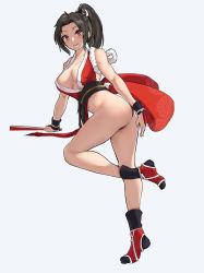 Rule 34 | 1girl, 572816, absurdres, ass, bad id, bad pixiv id, black hair, blush, breasts, cleavage, closed mouth, collarbone, commentary, fatal fury, folded fan, folding fan, full body, hand fan, highres, holding, japanese clothes, large breasts, leg up, lips, long hair, looking at viewer, ninja, parted bangs, pelvic curtain, ponytail, red eyes, revealing clothes, rope, shiranui mai, simple background, smile, solo, the king of fighters, thighs