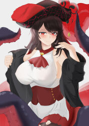 Rule 34 | 1girl, absurdres, ascot, azur lane, bare shoulders, black hair, black headwear, black jacket, blush, breasts, dress, hat, highres, jacket, large breasts, long hair, off shoulder, pantyhose, pirate, pirate hat, red ascot, red eyes, red skirt, royal fortune (azur lane), skirt, spice ry, swept bangs, tentacles, torn clothes, torn pantyhose, white dress