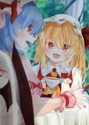 Rule 34 | 2girls, absurdres, ascot, bat wings, blonde hair, blue hair, blurry, blurry background, cup, depth of field, fang, flandre scarlet, frilled shirt collar, frills, hat, hat ribbon, head tilt, highres, holding, holding cup, looking at another, medium hair, mob cap, multiple girls, on chair, one side up, open mouth, outdoors, pink headwear, pink shirt, puffy short sleeves, puffy sleeves, red eyes, red ribbon, red vest, remilia scarlet, ribbon, ribbon-trimmed headwear, ribbon trim, sabatuki, shirt, short sleeves, siblings, sisters, sitting, skin fang, table, tablecloth, teacup, touhou, upper body, vest, white headwear, white shirt, wings, wrist cuffs, yellow ascot