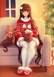 Rule 34 | 1girl, absurdres, alternate costume, alternate hairstyle, animal, blunt bangs, blush, bow, brown hair, cat, christmas, christmas tree, commentary, danganronpa (series), danganronpa v3: killing harmony, full body, fur trim, hair ornament, harukawa maki, hat, highres, indoors, long hair, long sleeves, looking at viewer, missarilicious, mole, mole under eye, night, pantyhose, red bow, red eyes, red footwear, red sweater, santa hat, school uniform, scrunchie, shirt, sitting, smile, solo, stuffed animal, stuffed toy, sweater, teddy bear, twintails, very long hair, white pantyhose