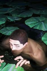 Rule 34 | 1boy, air bubble, black hair, bubble, blowing bubbles, buzz cut, character request, copyright request, in water, jnkku, lily pad, looking at viewer, male focus, reaching, short hair, solo, topless male, very short hair