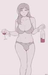 Rule 34 | 1girl, alcohol, bottle, bra, bracelet, breasts, bulge, cleavage, cup, drinking glass, dross, flaccid, futanari, highres, holding, holding bottle, holding cup, jewelry, large breasts, long hair, looking at viewer, navel, original, panties, parted lips, simple background, smile, solo, spot color, underwear, underwear only, white background, wine, wine glass