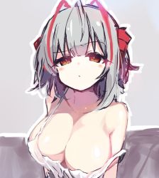 Rule 34 | 1girl, ahoge, antennae, arknights, bare shoulders, blush, breasts, grey hair, large breasts, medium hair, off-shoulder shirt, off shoulder, red eyes, shirt, simple background, solo, sukima (crie), tank top, w (arknights), white tank top