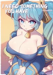 Rule 34 | 1girl, artist name, bare shoulders, bell, blue dress, breasts, closed mouth, collarbone, dress, english text, green eyes, green hair, highres, huge breasts, league of legends, long hair, long sleeves, multicolored hair, neck bell, off-shoulder dress, off shoulder, sitting, solo, sona (league of legends), strongbana, twintails, two-tone hair, watermark, web address