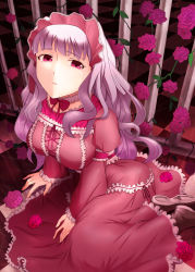 Rule 34 | 1girl, absurdres, breasts, checkered floor, collarbone, dress, emanon123, floor, flower, frills, hairband, highres, idolmaster, idolmaster (classic), lace, large breasts, long hair, red eyes, rose, shijou takane, shirt, silver hair, sitting, solo, taut clothes, taut shirt, yokozuwari