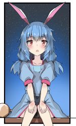 Rule 34 | 1girl, animal ears, blue dress, blue hair, dress, hands on own knees, highres, kine, looking at viewer, low twintails, mallet, medium hair, night, night sky, nono54558, one-hour drawing challenge, open mouth, outdoors, outside border, rabbit ears, red eyes, seiran (touhou), short sleeves, sitting, sky, solo, star (sky), starry sky, touhou, twintails
