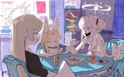 Rule 34 | 3girls, absurdres, animal ear fluff, animal ears, black shirt, blonde hair, blue archive, blush, bottle, breasts, can, cellphone, chair, closed eyes, closed mouth, feathered wings, food, grey hair, halo, highres, holding, holding phone, korean commentary, long hair, medium breasts, mika (blue archive), multiple girls, nagisa (blue archive), nangnangnang, open mouth, phone, pink hair, seia (blue archive), shirt, short sleeves, smartphone, table, tank top, tears, white wings, wings