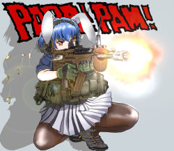 Rule 34 | 1girl, animal ears, assault rifle, belt, black thighhighs, blue hair, blue jacket, bullpup, commentary request, cross-laced footwear, ear protection, extended barrel, firing, gloves, green gloves, grey background, grey footwear, grey skirt, gun, harness, holding, holding gun, holding weapon, iwi tavor, iwi tavor tar-21, jacket, looking to the side, military, military operator, miniskirt, nakamura 3sou, pantyhose, pleated skirt, pouch, rabbit ears, red eyes, reisen, rifle, shell casing, shoes, short hair, silhouette, skirt, sneakers, solo, sound effects, squatting, tavor tar-21, thighhighs, touhou, utility belt, v-shaped eyes, weapon