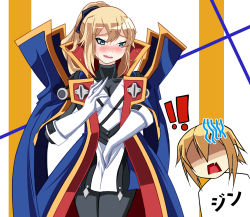 Rule 34 | !, !!, 1boy, 1girl, anger vein, blazblue, blonde hair, blue eyes, blush, bodysuit, bow, breasts, coat, cosplay, crossover, embarrassed, fang, genshin impact, gloves, hair bow, japanese clothes, jean (genshin impact), jin kisaragi (cosplay), kisaragi jin, kisaragi jin (cosplay), long hair, open mouth, ponytail, seia (artist), short hair, sweatdrop