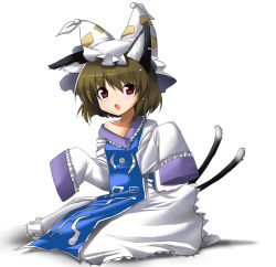 Rule 34 | 1girl, :o, animal ears, animal hat, bare shoulders, blush, brown hair, cat ears, cat girl, cat tail, chen, cosplay, earrings, female focus, hat, jewelry, kasu kazu, long sleeves, mob cap, multiple tails, open mouth, oversized clothes, mob cap, red eyes, short hair, sitting, sleeves past wrists, solo, surcoat, tail, tassel, touhou, white background, wide sleeves, yakumo ran, yakumo ran (cosplay)
