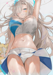 Rule 34 | 1girl, arm at side, arm up, asuna (blue archive), blue archive, blue eyes, blush, bouncing breasts, breasts, cheerleader, cosplay, cowboy shot, dema hmw, facial mark, floating hair, from below, grey background, hair over one eye, hair ribbon, halo, heart, highres, large breasts, light brown hair, long hair, looking at viewer, millennium cheerleader outfit (blue archive), motion blur, navel, one eye covered, panties, pleated skirt, pom pom (cheerleading), ribbon, simple background, skirt, solo, star (symbol), star facial mark, stomach, sweat, thighs, underwear, very long hair, wet, white panties, white skirt