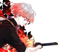 Rule 34 | 1boy, bishounen, bowl cut, fate/grand order, fate (series), fiery hair, fire, flower, from side, glowing, glowing hair, grey hair, highres, holding, holding sword, holding weapon, japanese clothes, male focus, multicolored hair, red eyes, red hair, sheath, shio (fclef disco), short hair, solo, sword, two-tone hair, unsheathing, upper body, watanabe no tsuna (fate), weapon