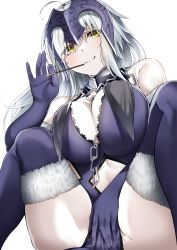 Rule 34 | 1girl, absurdres, ahoge, bare shoulders, black dress, black gloves, black thighhighs, breasts, chain, cleavage, collar, dress, elbow gloves, fate/grand order, fate (series), female focus, food, fur-trimmed gloves, fur-trimmed legwear, fur trim, gloves, headpiece, highres, jeanne d&#039;arc (fate), jeanne d&#039;arc alter (avenger) (fate), jeanne d&#039;arc alter (avenger) (third ascension) (fate), jeanne d&#039;arc alter (fate), large breasts, len (hand linke), long hair, looking at viewer, metal collar, pelvic curtain, pocky, pocky day, silver hair, smile, solo, squatting, thighhighs, very long hair, yellow eyes