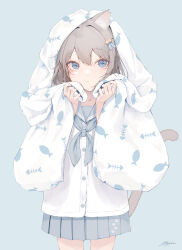 Rule 34 | 1girl, :&lt;, absurdres, animal ear fluff, animal ears, blue eyes, brown hair, cat ears, cat girl, cat tail, closed mouth, commentary request, cowboy shot, grey background, grey neckerchief, grey sailor collar, grey skirt, hair between eyes, hands up, highres, mayogii, neckerchief, original, pleated skirt, sailor collar, school uniform, serafuku, shirt, signature, simple background, skirt, solo, standing, tail, white shirt