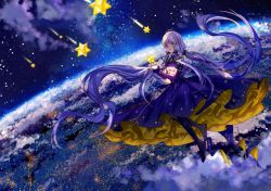 Rule 34 | 1girl, absurdly long hair, absurdres, chinese commentary, city lights, cloud, dress, earth (planet), elbow gloves, fingerless gloves, floating, frilled dress, frills, gloves, hair ribbon, highres, holding, jamjar77, long hair, looking at viewer, night, open mouth, planet, purple dress, purple gloves, purple hair, quad tails, ribbon, shooting star, sidelocks, solo, space, star (sky), stellated octahedron, thighhighs, very long hair, vocaloid, wide shot, xingchen, yellow eyes