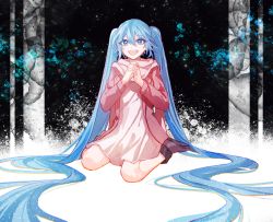 Rule 34 | 1girl, :d, absurdly long hair, blue eyes, blue hair, coat, dress, full body, hair between eyes, hatsune miku, highres, kika, kneeling, long hair, long sleeves, open clothes, open coat, open mouth, own hands clasped, own hands together, red coat, short dress, smile, solo, twintails, very long hair, vocaloid, white dress
