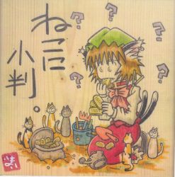 Rule 34 | 1girl, ?, animal ears, biting, brown hair, bucket, cat, cat ears, cat tail, chen, earrings, gold, hat, jewelry, multiple tails, nekomata, short hair, shovel, simple background, spade, tail, too many, too many cats, touhou, translation request, trowel, two tails, vase, watering can, yotsuboshi-imai