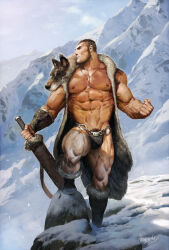 Rule 34 | 1boy, abs, bara, beard stubble, bulge, cloak, facial hair, full body, fur (clothing), fur cloak, highres, holding, holding sword, holding weapon, large pectorals, long sideburns, looking to the side, male focus, male pubic hair, mature male, mountain, muscular, muscular male, navel, nipples, noxypia, original, pectorals, profile, pubic hair, pubic hair peek, revealing clothes, rock, sheath, sheathed, short hair, shredded muscles, sideburns, snow, solo, standing, stomach, stubble, sword, thick neck, thick thighs, thighs, tribal, undercut, veins, veiny arms, weapon, winter