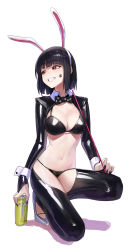 Rule 34 | 1girl, absurdres, animal ears, bikini, black bikini, black bow, black bowtie, black hair, blunt bangs, blush, bow, bowtie, breasts, brown eyes, clenched teeth, detached collar, fake animal ears, full body, highres, kneeling, looking away, looking to the side, mac star, medium breasts, meme attire, navel, original, rabbit ears, reverse bunnysuit, reverse outfit, short hair, simple background, smile, solo, swimsuit, teeth, white background