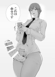 Rule 34 | 1girl, bar censor, braid, braided ponytail, breasts, censored, chainsaw man, commentary request, condom, condom wrapper, cowboy shot, dress shirt, erection, female pubic hair, from below, futanari, greyscale, holding, holding condom, huge penis, large breasts, looking at viewer, makima (chainsaw man), monochrome, necktie, no pants, no testicles, open mouth, pantyhose, penis, pubic hair, shimad99, shirt, solo, sound effects, translated, veins, veiny penis