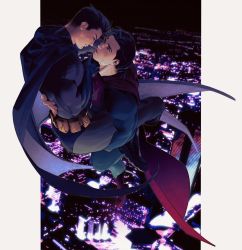 Rule 34 | 2boys, bara, batman, batman (series), black cape, black gloves, black hair, blue bodysuit, bodysuit, boots, bruce wayne, cape, carrying, carrying person, clark kent, closed mouth, couple, dc comics, flying, gloves, grey bodysuit, highres, janeyellowh, large pectorals, looking at another, male focus, multiple boys, muscular, muscular male, parted lips, pectorals, short hair, superman, superman (series), yaoi