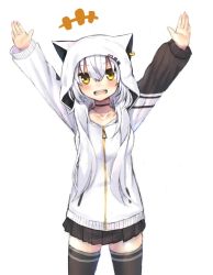 Rule 34 | +++, 1girl, :d, animal ears, animal hood, arms up, azuma lim, azuma lim channel, black choker, black skirt, black thighhighs, blush, cat ears, cat hood, choker, ear piercing, head tilt, highres, hood, hood up, hoodie, long sleeves, looking at viewer, moti yousei, o/, open mouth, outstretched arms, piercing, pleated skirt, puffy long sleeves, puffy sleeves, simple background, skirt, smile, solo, teeth, thighhighs, upper teeth only, virtual youtuber, white background, white hoodie