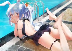 Rule 34 | 1girl, alternate costume, alternate hairstyle, animal ear fluff, animal ears, ass, backless swimsuit, bare shoulders, barefoot, black one-piece swimsuit, blue hair, braid, carrot hair ornament, extra ears, feet, food-themed hair ornament, frills, hair ornament, head rest, highres, hololive, legs up, long hair, looking at viewer, lying, on stomach, one-piece swimsuit, orange eyes, ponytail, pool, poolside, rabbit ears, rabbit girl, rabbit tail, seicoh, solo, swimsuit, symbol-shaped pupils, tail, thigh strap, thighs, usada pekora, virtual youtuber, water, wet