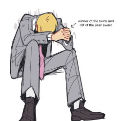 Rule 34 | 1boy, black footwear, blonde hair, buttoned cuffs, buttons, commentary, english commentary, english text, formal, full body, grey jacket, grey pants, grey suit, highres, jacket, long sleeves, male focus, mob psycho 100, mp100days, necktie, own hands clasped, own hands together, pants, pink necktie, reigen arataka, shoes, simple background, sitting, solo, suit, tumblr sexyman tournament, white background