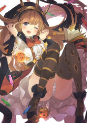 Rule 34 | 10s, 1girl, ;d, a (nanananaaannaa), a (pixiv5709662), bad id, bad pixiv id, black thighhighs, blonde hair, blush, book, bow, cagliostro (granblue fantasy), cagliostro (halloween) (granblue fantasy), candy, food, granblue fantasy, hairband, halloween, hood, jack-o&#039;-lantern, long hair, one eye closed, open book, open mouth, orange bow, panties, pantyshot, pumpkin, purple eyes, skirt, smile, solo, standing, star (symbol), striped clothes, striped panties, thighhighs, underwear