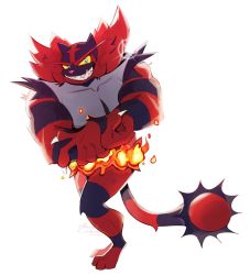 Rule 34 | claws, collarbone, colored sclera, commentary, creatures (company), fire, flexing, full body, furry, game freak, gen 7 pokemon, green eyes, grin, highres, incineroar, muscular, nintendo, pectorals, pokemon, pokemon (creature), red fur, smile, solo, standing, teeth, third cookie, white background, yellow sclera
