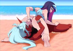 Rule 34 | 2girls, 69, :o, anal, anal object insertion, anus, artist name, ass, badlavender, bare shoulders, beach, black hair, blunt bangs, bracelet, colored skin, demon girl, demon horns, grey hair, highres, horizon, horns, imminent cunnilingus, jewelry, kneesocks (psg), long hair, looking back, multicolored hair, multiple girls, nail polish, object insertion, ocean, outdoors, panty &amp; stocking with garterbelt, pink hair, ponytail, pussy, red skin, shiny skin, skin-covered horns, stocking (psg), teeth, two-tone hair, yuri