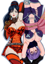 Rule 34 | 2girls, ayane (doa), black hair, breasts, cleavage, crossover, dead or alive, elbow gloves, gloves, highres, large breasts, lian shi, long hair, multiple girls, ninja, ninja gaiden, ninja gaiden sigma, ninja gaiden sigma 2, ponytail, purple hair, shin sangoku musou, short hair, tecmo